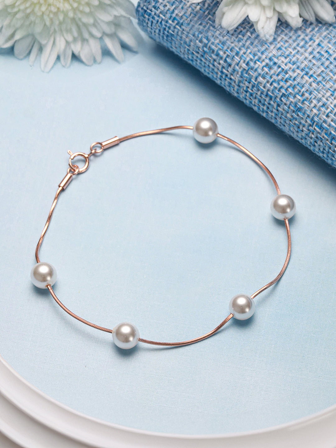 925 Sterling Silver Designer Pearls Rose Gold Plated Adjustable Chain Bracelet